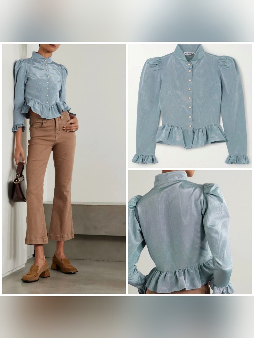 NWOT Batsheva Grace Faux Pearl-Embellished Ruffled Moire Blouse Blue